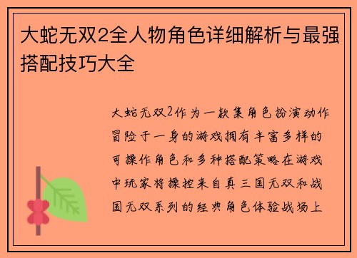 大蛇无双2全人物角色详细解析与最强搭配技巧大全